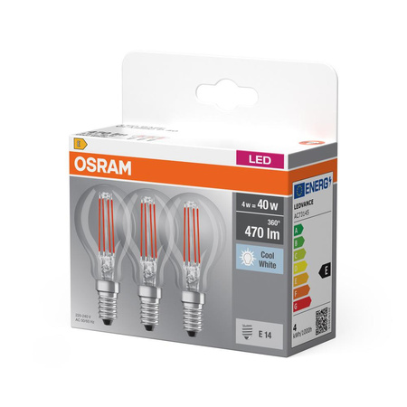 3x Żarówka LED P45 Kulka E14 4W = 40W 470lm 4000K Neutralna 300° BASE Osram
