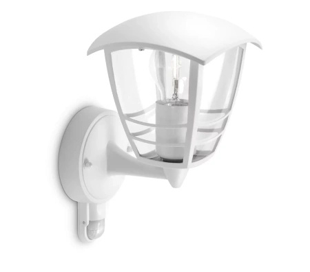 Kinkiet Ogrodowy Lampa Elewacyjna Zewnętrzna LATARNIA E27 IP44 z Czujnikiem Ruchu i Zmierzchu Biała Creek Philips