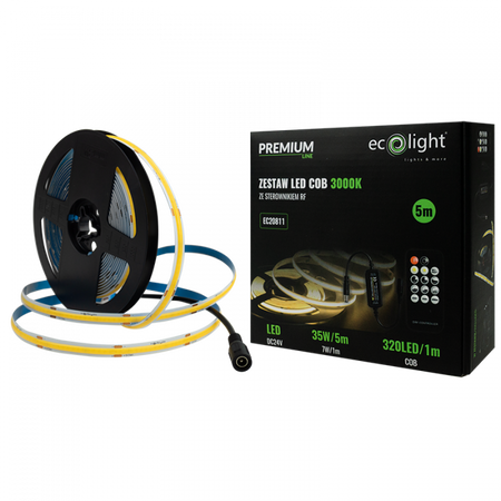 Taśma LED Pasek COB 7W/m 630lm/m 320LED/m 24V 3000K Ciepła IP20 Rolka 5m + Zasilacz + Pilot Ecolight