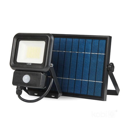 Naświetlacz LED Solarny Zewnętrzny Ogrodowy 20W 1400lm 6500K Zimny 100° z Czujnikiem Ruchu i Zmierzchu IP65 IK07 Czarny Ncs Kobi