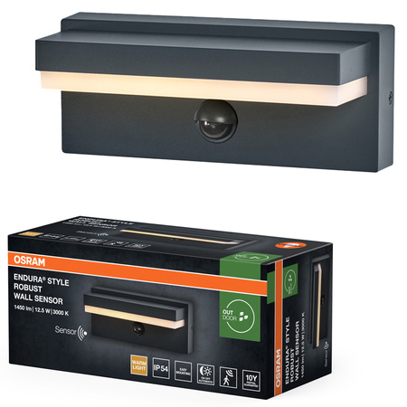 Kinkiet Ogrodowy Lampa Elewacyjna Zewnętrzna LED z Czujnikiem Ruchu i Zmierzchu 12.5W 1000lm 3000K Ciepła Szary IP54 Endura Osram