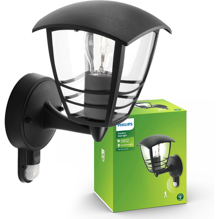 Kinkiet Ogrodowy Lampa Elewacyjna Zewnętrzna LATARNIA E27 IP44 z Czujnikiem Ruchu i Zmierzchu Czarna Creek Philips