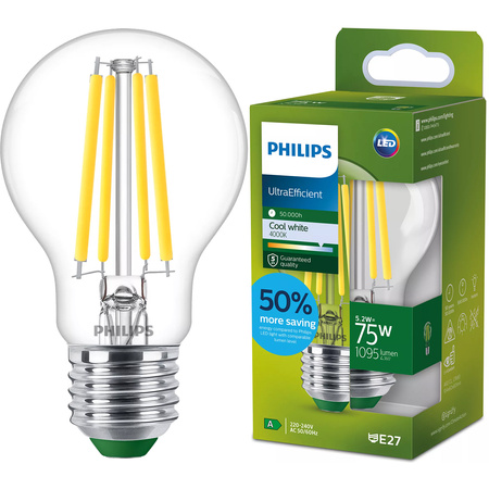 Żarówka LED E27 A60 5.2W = 75W 1095lm 210lm/W 4000K Neutralna 300° KLASA A UltraEfficient Philips