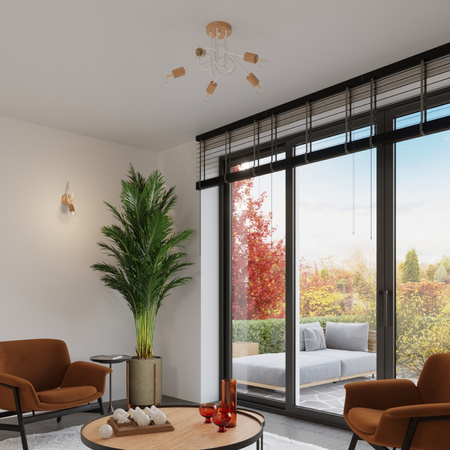 Lampa Sufitowa Żyrandol Pająk Wisząca 5x E27 Naturalne Drewno Biała Ember Peach Puff SL.1475 Sollux