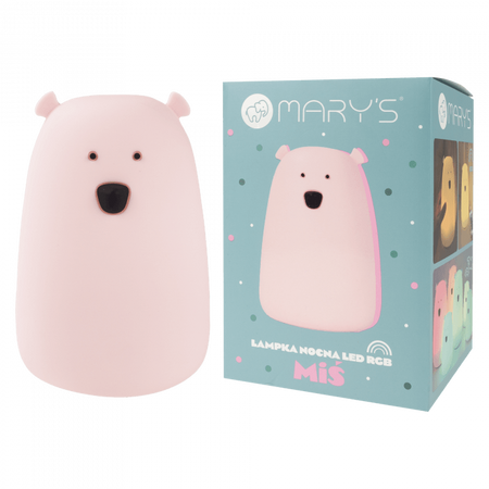 Lampka Nocna Dziecięca LED 0.4W 3000K Ciepła + Wielokolorowa RGB USB Akumulatorowa 1200mAh Różowa + Pilot DUŻY MIŚ MARY'S
