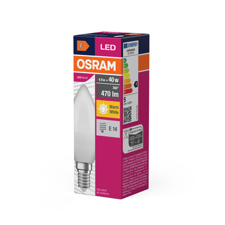 Żarówka LED B37 Świeczka E14 4.9W = 40W 470lm 2700K Ciepła 180° VALUE CLASSIC Osram