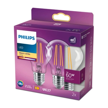 Zestaw 2x Żarówka LED E27 A60 7W = 60W 806lm 2700K Ciepła Filament PHILIPS