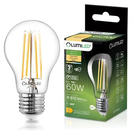 Żarówka LED E27 A60 7W = 60W 810lm 3000K Ciepła 360° FILAMENT LUMILED