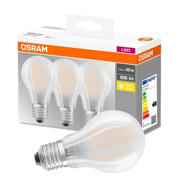 3PAK Żarówka LED E27 A60 7W = 60W 806lm 2700K Ciepła 300° Filament OSRAM Base