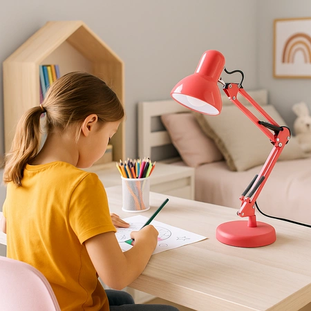 Lampka Biurkowa Kreślarska Stołowa E27 TOBI Czerwona Lumiled + uchwyt na blat