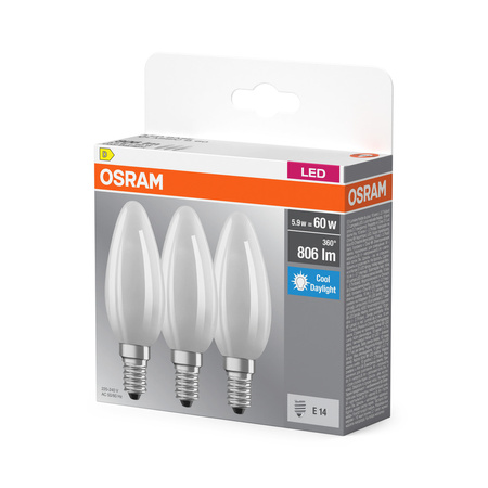3x Żarówka LED B35 Świeczka E14 5.9W = 60W 806lm 6500K Zimna 300° BASE Osram