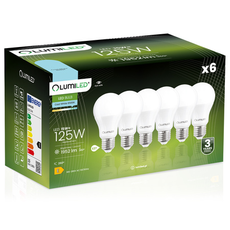 Zestaw 6x Żarówka LED E27 A65 15W = 125W 1952lm 6500K Zimna 260° LUMILED