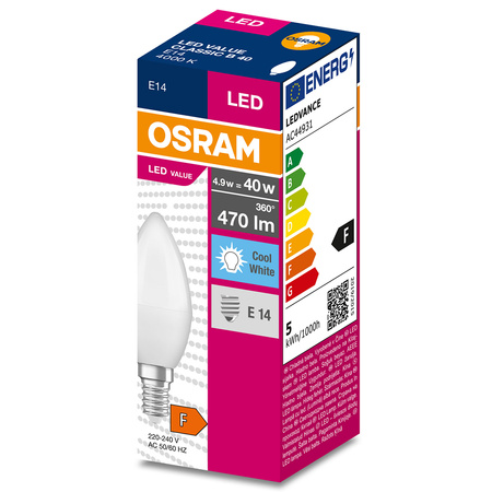 Żarówka LED B37 Świeczka E14 4.9W = 40W 470lm 4000K Neutralna 200° VALUE CLASSIC Osram