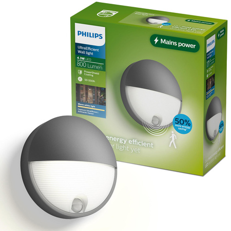 Kinkiet Ogrodowy Lampa Zewnętrzna Elewacyjna 4.3W 800lm 2700K Ciepła IP44 Antracyt z Czujnikiem Ruchu UltraEfficient Capricorn Philips