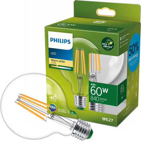 Żarówka LED Globe E27 210lm/W G95 4W = 60W 840lm 2700K Ciepła Filament PHILIPS Ultra Efficient