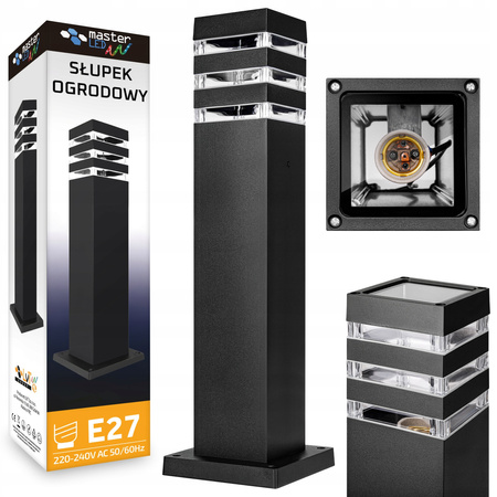 Lampa Ogrodowa Zewnętrzna E27 CZARNA SŁUPEK Kwadratowy 50cm