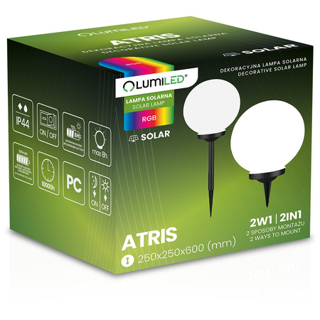 Lampa Solarna Ogrodowa LED ATRIS Wbijana Naziemna Biała Kula 25cm RGB LUMILED