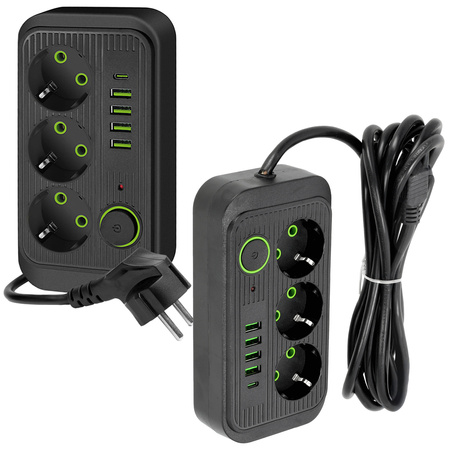 Przedłużacz KOBI LINEA PRO 3x230V 3m Uziemienie Wyłącznik 5xUSB Czarny