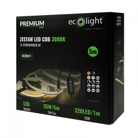 Taśma LED Pasek COB 7W/m 630lm/m 320LED/m 24V 3000K Ciepła IP20 Rolka 5m + Zasilacz + Pilot Ecolight