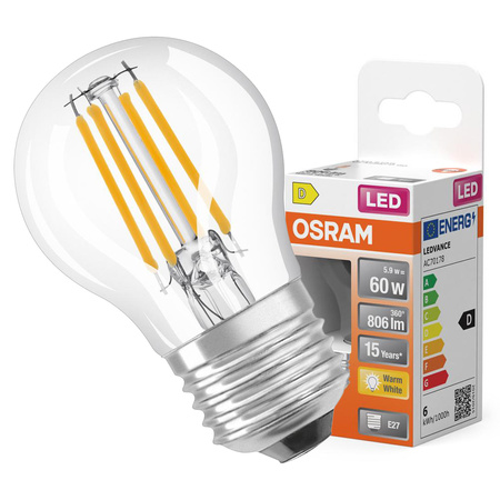 Żarówka LED P45 Kulka E27 5.5W = 60W 806lm 2700K Ciepła 300° Retrofit Filament CLASSIC Osram