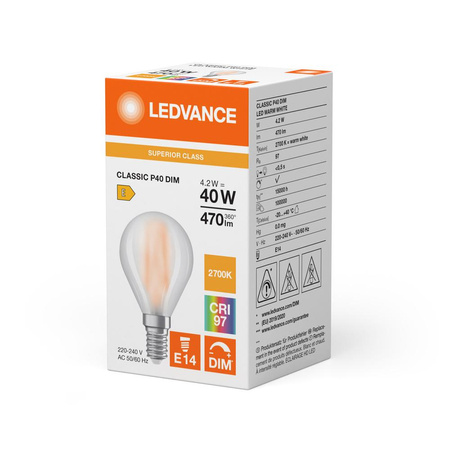 Żarówka LED P45 E14 4.2W = 40W 470lm 2700K Ciepła Biała FILAMENT ŚCIEMNIALNA LEDVANCE
