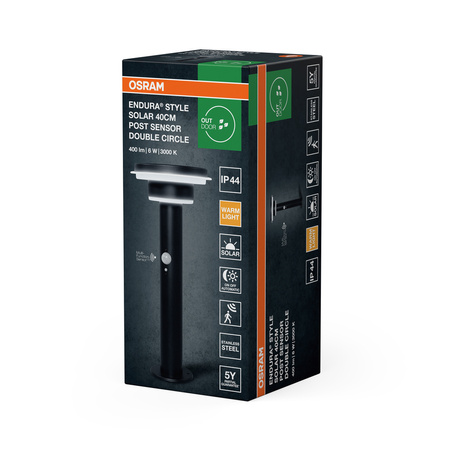Lampa Solarna Ogrodowa Słupek Zewnętrzny Stojący LED z Czujnikiem Ruchu i Zmierzchu 6W 400lm 3000K Ciepła Ściemnialna Czarny IP44 Endura Osram