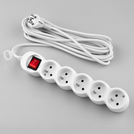 Przedłużacz Sieciowy Kabel z Uziemieniem Listwa Zasilająca 5 Gniazd 5m Włącznik ON/OFF Biały Sznur Lendo Lumiled