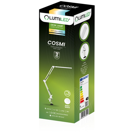 ZESTAW Lampka Biurkowa LED 8W CCT USB Ściemnialna COSMI Biała z uchwytem + Adapter USB 5V/1A DC LUMILED