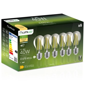 6x Żarówka LED E27 A60 4W = 40W 470lm 3000K Ciepła 360° FILAMENT LUMILED