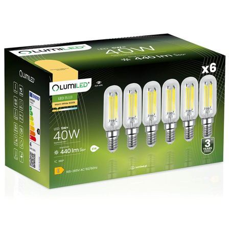 Zestaw 6x Żarówka LED LODÓWKA E14 T25 4W = 40W 440lm 3000K Ciepła Filament LUMILED