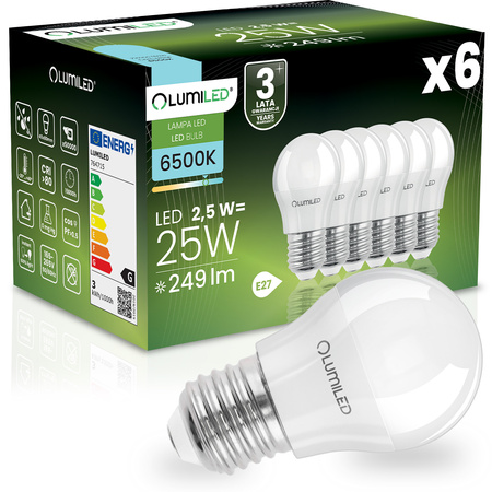 6x Żarówka LED E27 Kulka P45 2,5W = 25W 249lm 6500K Zimna 180° LUMILED