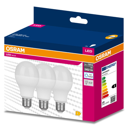 3PAK Żarówka LED E27 A68 19W = 150W 2452lm 6500K Zimna 200° OSRAM VALUE