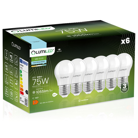 Zestaw 6x Żarówka LED E27 P40 10W = 75W 1055lm 6500K Zimna 180° LUMILED