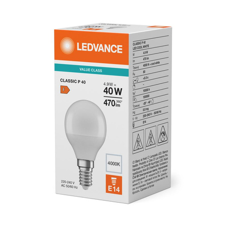 Żarówka LED P45 E14 4.9W = 40W 470lm 4000K Neutralna Biała LEDVANCE