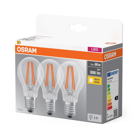 3x Żarówka LED A60 E27 6.5W = 60W 806lm 2700K Ciepła 300° BASE Osram