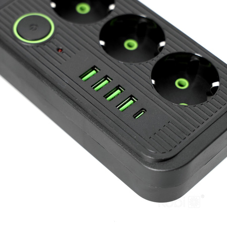 Przedłużacz KOBI LINEA PRO 3x230V 3m Uziemienie Wyłącznik 5xUSB Czarny