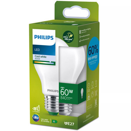 Żarówka LED E27 A60 4W = 60W 840lm 210lm/W 4000K Neutralna 300° KLASA A UltraEfficient Philips