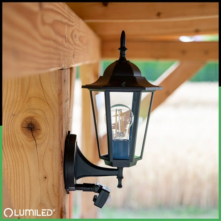 Lampa Ogrodowa Kinkiet Elewacyjny Zewnętrzny E27 LED Latarnia Czujnik Ruchu BELLIS Czarna LUMILED