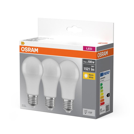 3x Żarówka LED A60 E27 13W = 100W 1521lm 2700K Ciepła 180° BASE Osram