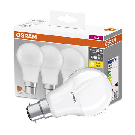 3PAK Żarówka LED B22d A60 8,5W = 60W 806lm 2700K Ciepła 360° OSRAM