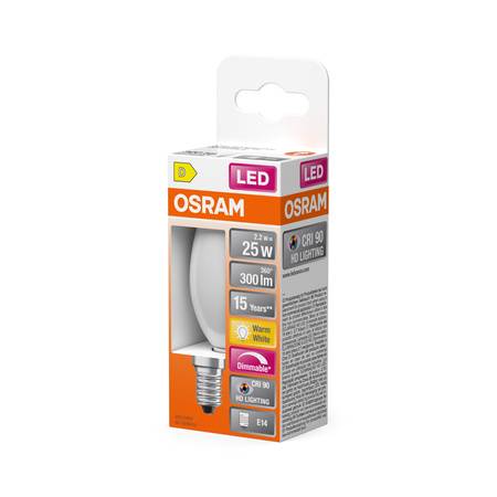 Żarówka LED B35 Świeczka E14 2.2W = 25W 300lm 2700K Ciepła CRI90 300° Filament Ściemnialna SUPERSTAR PLUS CLASSIC Osram