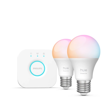 2x Żarówka LED E27 A60 8W = 60W 806lm 2200-6500K CCT + RGB SMART Inteligentna Bluetooth ZigBee White and Color Ambiance + Mostek Bridge Zestaw Startowy Philips HUE Essential
