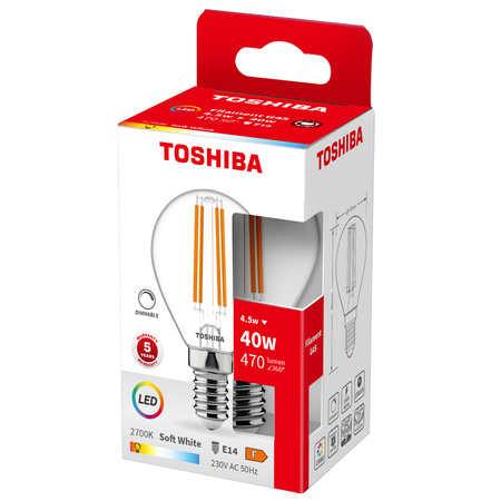 Żarówka LED E14 G45 4,5W = 40W 470lm 2700K Ciepła Filament Ściemnialna TOSHIBA