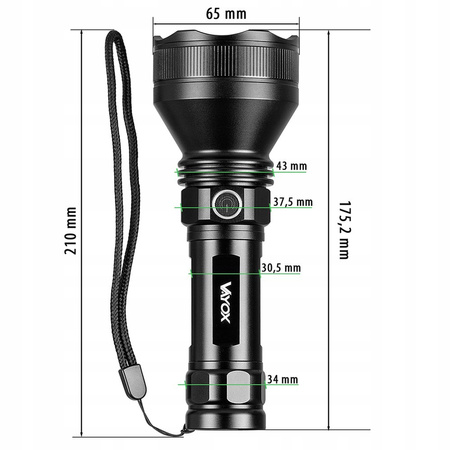 Latarka Taktyczna LED Mocna Akumulatorowa USB-C 20W 1900lm IPX6 VAYOX