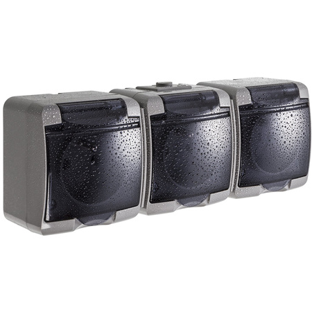 Gniazdko Potrójne Elektryczne Hermetyczne Ścienne Natynkowe z Bolcem IP54 KARLIK Popielate