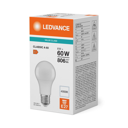 Żarówka LED A60 E27 8.5W = 60W 806lm 4000K Neutralna Biała LEDVANCE