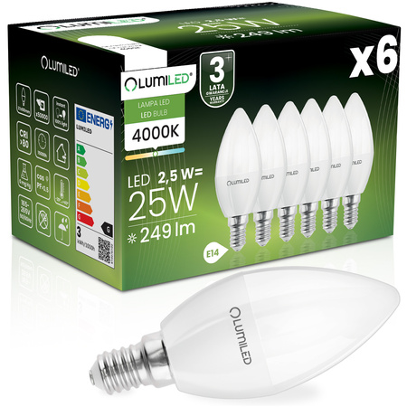 6x Żarówka LED E14 Świeczka B35 2,5W = 25W 249lm 4000K Neutralna 180° LUMILED