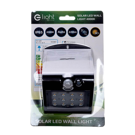 Lampa Ogrodowa Solarna Kinkiet Elewacyjny BUTTERFLY LED IP65 1,5W 4000K Czujnik Czarna Eko-Light