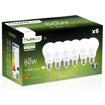 Zestaw 6x Żarówka LED A60 E27 8W = 60W 806lm 4000K Neutralna 260° LUMILED