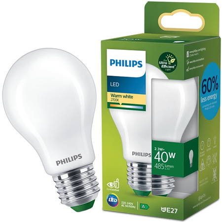 Żarówka LED E27 A60 210.9lm/W 2.3W = 40W 485lm 2700K Ciepła Filament Mleczna PHILIPS Ultra Efficient